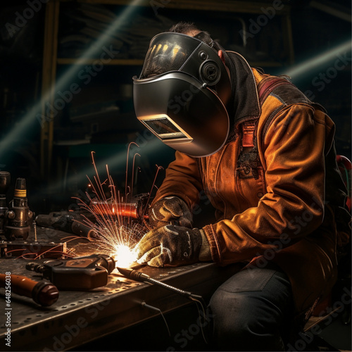 welder, gear, fire, motor, serious, background with smoke