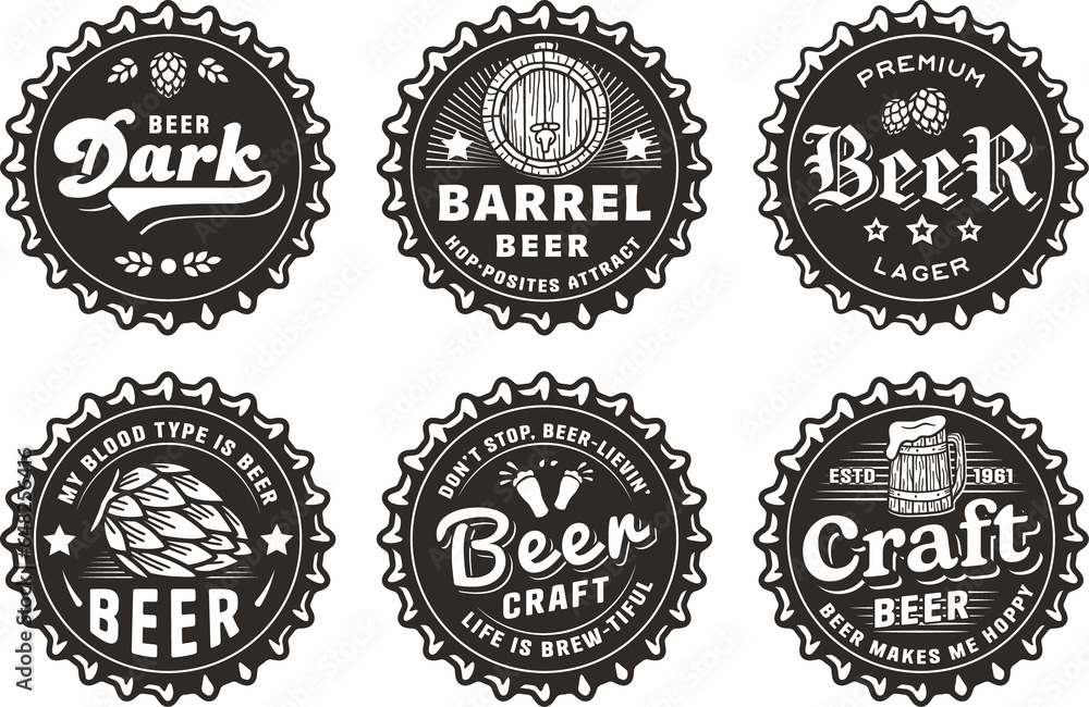 Beer cap set for design of brew beer in a brewery. Collection of metal corks for logo of craft brewing. Vintage old retro designs with beer cap for pub and bar