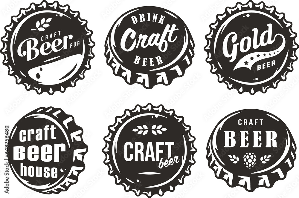 Beer cap set for design of brew beer in a brewery. Collection of metal corks for logo of craft brewing. Vintage old retro designs with beer cap for pub and bar