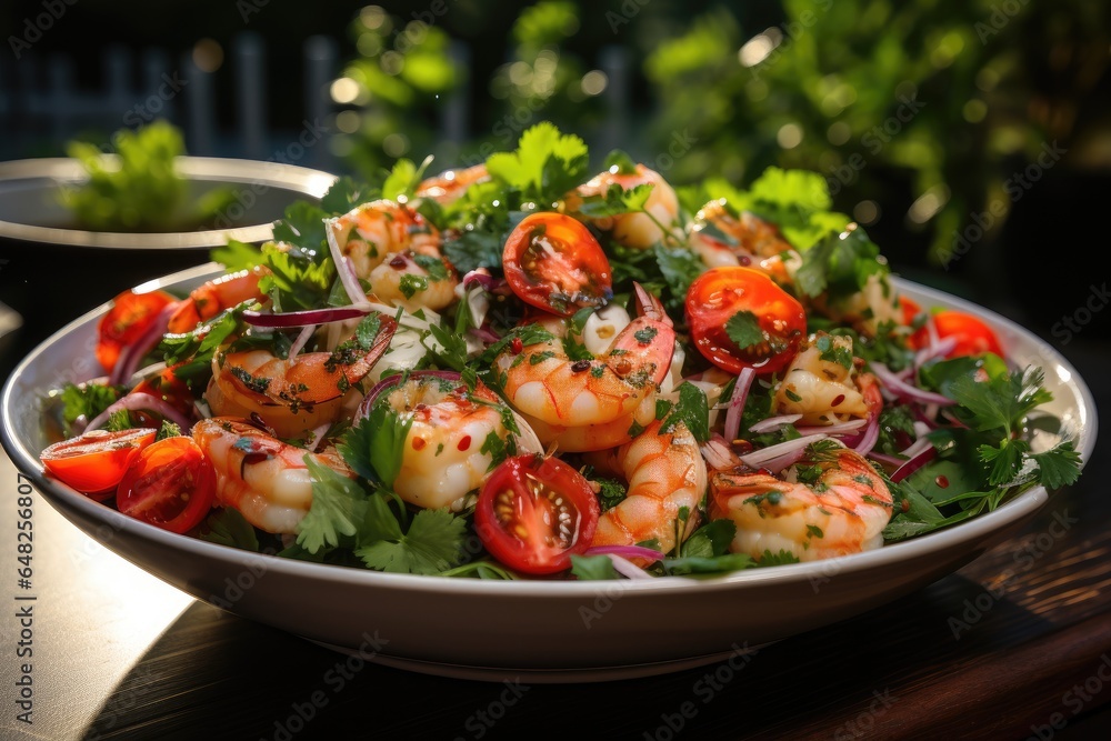 A close-up image of a delicious and healthy seafood salad salad with vegetables A close-up image of a delicious and healthy seafood salad salad with vegetables