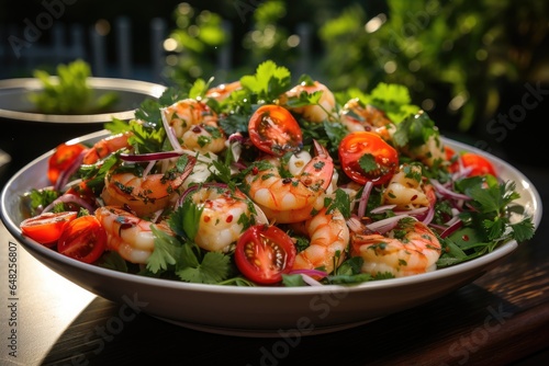 A close-up image of a delicious and healthy seafood salad salad with vegetables