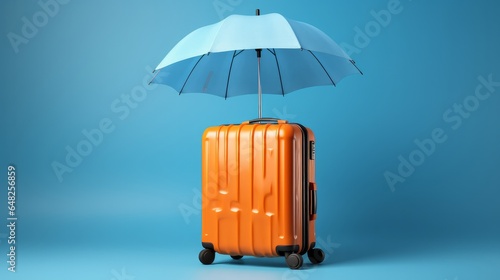 Travel protections commerce concept Ruddy umbrella cover plane and bags on blue foundation Travel protections covers misfortune bag flight delays cancellations mischance and therapeutic costs