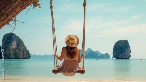 Traveler lady unwinding on swing over Andaman ocean Railay shoreline Krabi Relaxation visitor travel Phuket Thailand summer occasion get-away trip Wonderful goals put Asia Cheerful dream concept © Roma