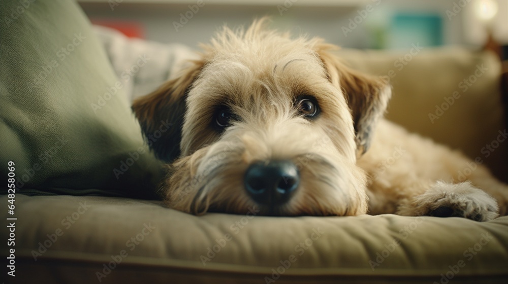 Capture a close-up of the Wheaten Terrier's expressive eyes as it lounges on the couch. Capture a close-up of the Wheaten Terrier's expressive eyes as it lounges on the couch.