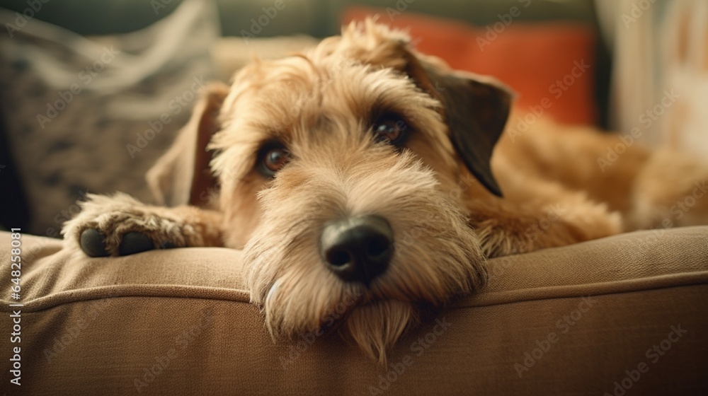 Capture a close-up of the Wheaten Terrier's expressive eyes as it lounges on the couch. Capture a close-up of the Wheaten Terrier's expressive eyes as it lounges on the couch.