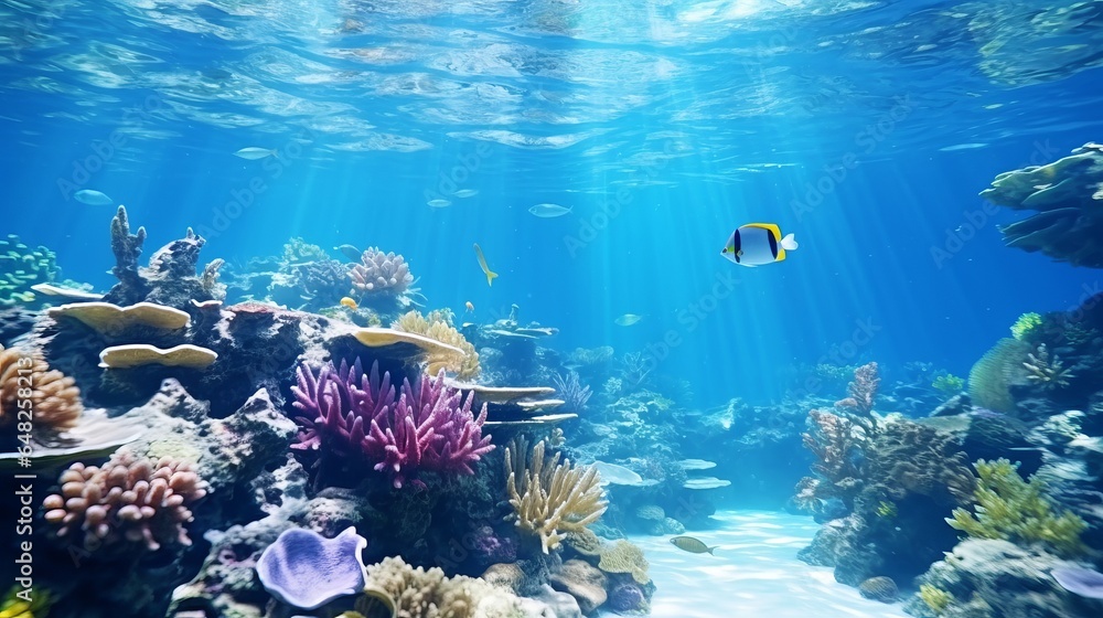 Naklejka premium Tropical ocean submerged angles on coral reef Aquarium oceanarium natural life colorful marine scene scene nature snorkeling jumping