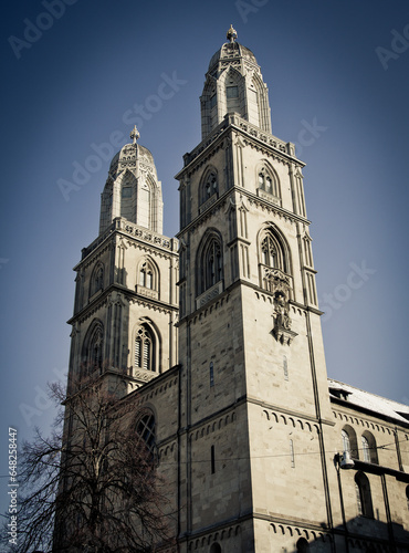 Grossmunster a romanesque-style protestant church; Zurich switzerland photo
