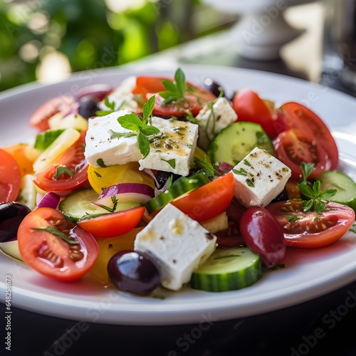 reek salad, featuring fresh Mediterranean ingredients like tomatoes, cucumbers, olives, and feta cheese, drizzled with olive oil and sprinkled with oregano.