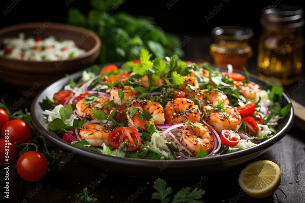 A close-up image of a delicious and healthy seafood salad salad with vegetables