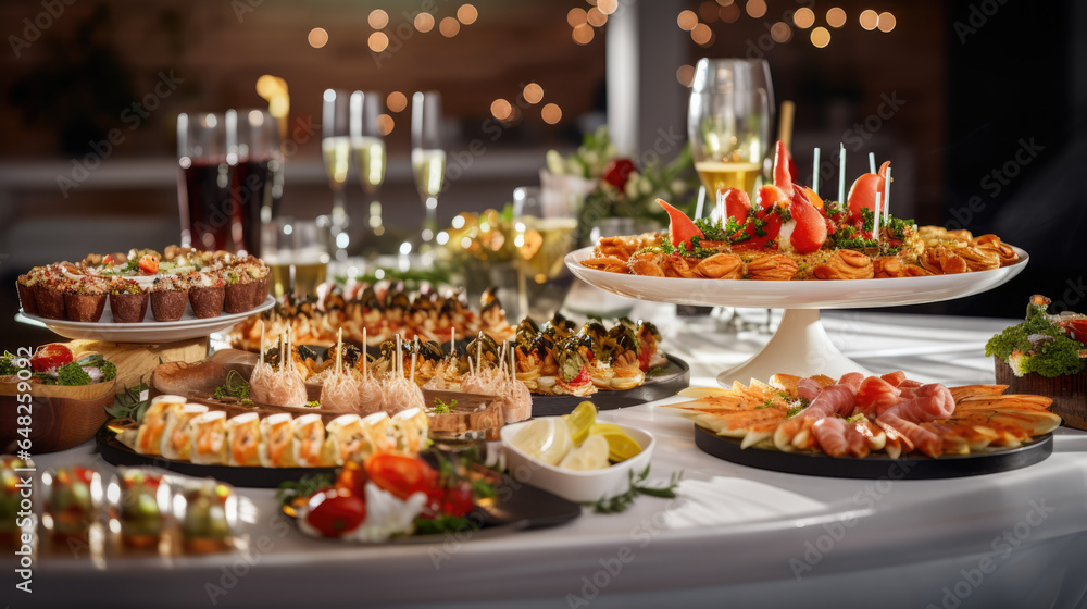 Naklejka premium Buffet concept. Close-up of a table in a restaurant with a variety of food, snacks. canapés, salads. Varied food. Nutrition concept.