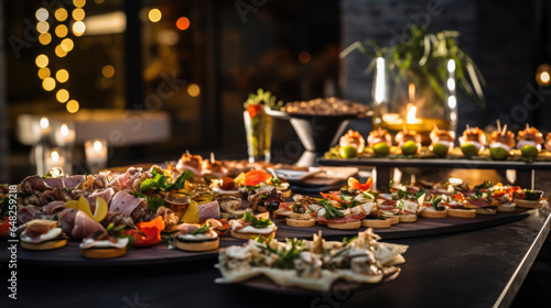 Buffet concept. Close-up of a table in a restaurant with a variety of food, snacks. canapés, salads. Varied food. Nutrition concept.