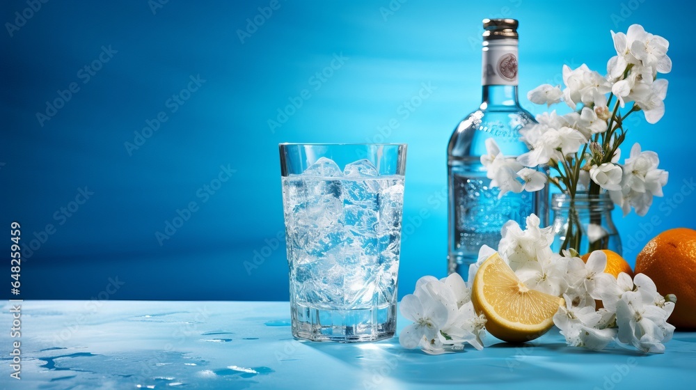 Obraz premium Against a blue background, a transparent glass bottle of alcohol is set next to a fresh cocktail with ice and flowers.
