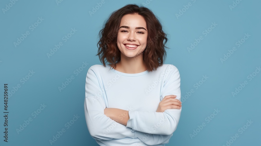 Young Caucasian woman smiling and posing with her arms at her hips on an isolated blue background. Young Caucasian woman smiling and posing with her arms at her hips on an isolated blue background.