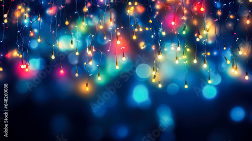 Christmas lights and snowflakes on blue background.