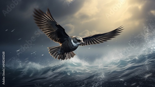 an image of a storm petrel skimming the ocean's surface during a thunderstorm