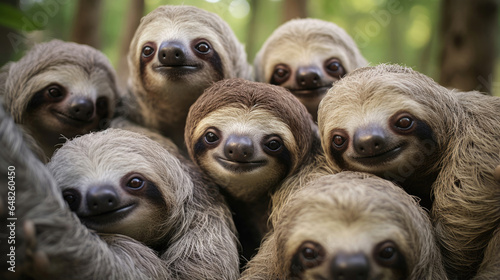 A group of sloths close-up in the wild