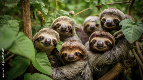 A group of sloths close-up in the wild