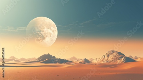 an image of a surreal desert landscape with towering sand dunes and a full moon