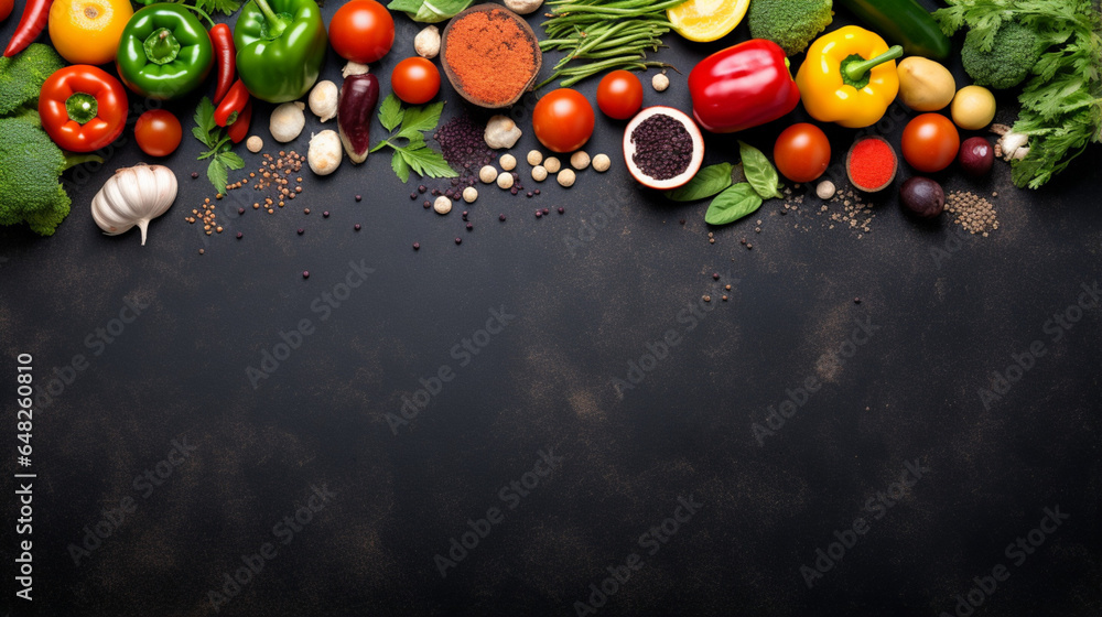 Frame of organic food. Fresh raw vegetables with bla, generative ai