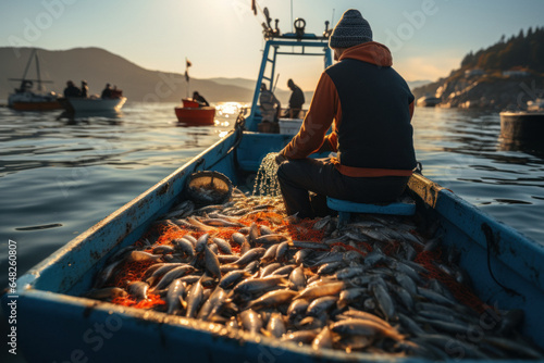 Fotografia Back view of a fisherman returning home from a successful fishing