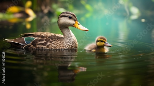 an image of a teal duckling swimming beside its mother