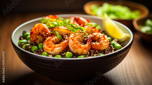 Boiled red quinoa bowl topped with sauteed shelled edama, generative ai