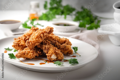 full view of crispy chicken tenders plated on white t, generative ai