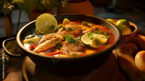 Fish moqueca prepared in clay pot typical dish