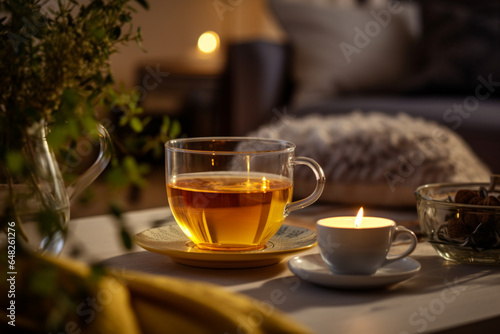 A cup of tea hygge interior Product photo with  generative ai