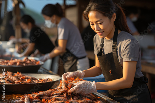 Asian woman sells fresh seafood at the fish market