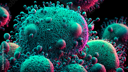 closeup of green bacteria virus cell microorganism with dark background