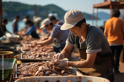A Caucasian man sells fresh seafood at the fish market