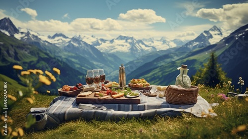 an image of a tranquil alpine picnic with a view of breathtaking vistas