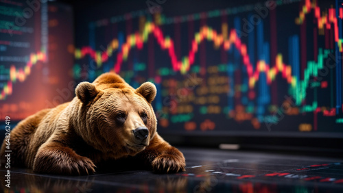 Bear bearish divergence in Stock market and Crypto currency, Bear trading with colorful graphic background. bad economic markets. (Productive AI)