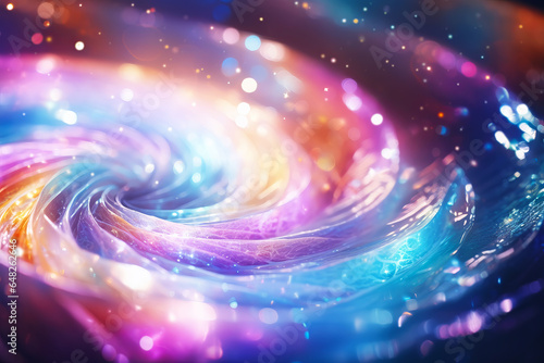 Abstract Iridescent spiral swirl made of shining particles. Sparkling galaxy spinning in dark space