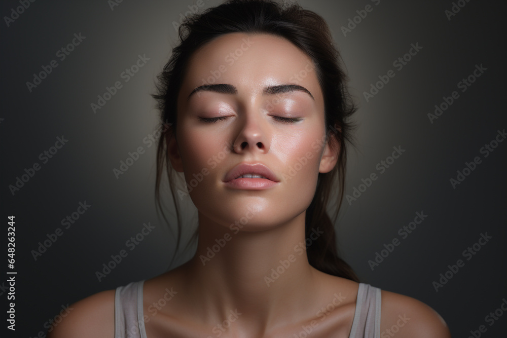 Fototapeta premium Beauty, make-up and style concept. Simply natural beautiful woman close-up studio portrait. Model dreaming with closed eyes. Generative AI