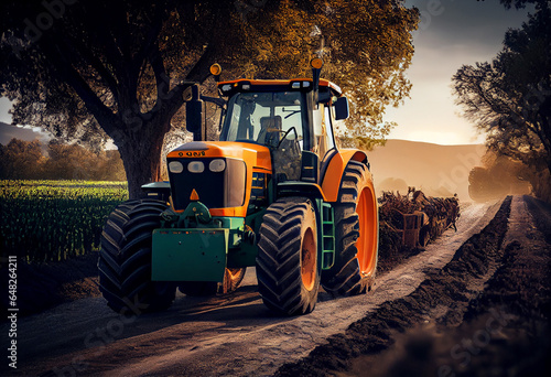 Tractor with plow on rural road. Generative AI