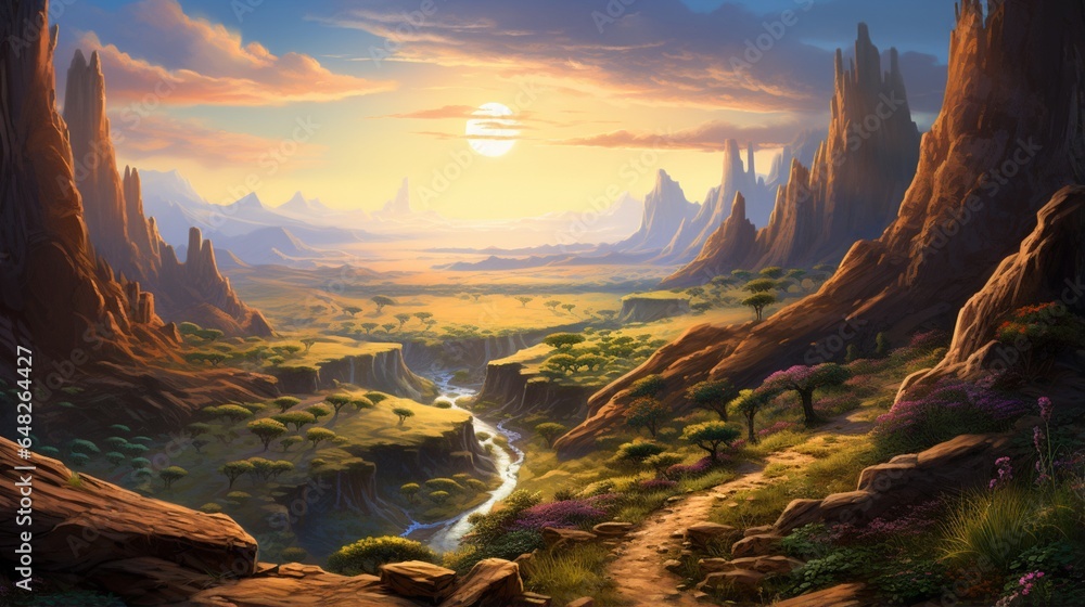 an original artwork featuring a valley with a meandering path leading into the unknown