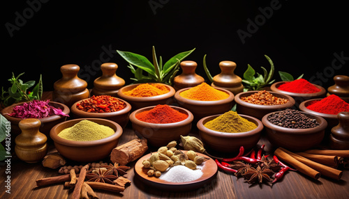 Colorful Spice Assortment in Wooden Table Bowls 