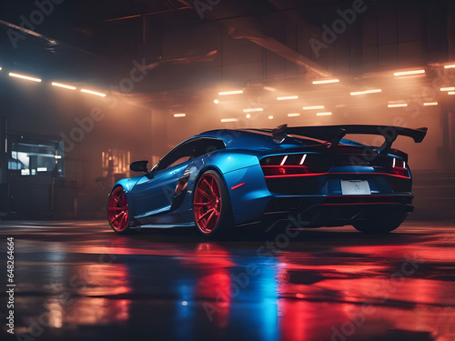features a red and blue custom sport car with dazzling glowing light. created with generative ai technology 