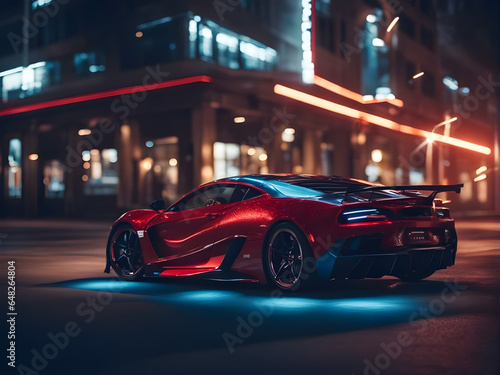 features a red and blue custom sport car with dazzling glowing light. created with generative ai technology  © ANIL S.D