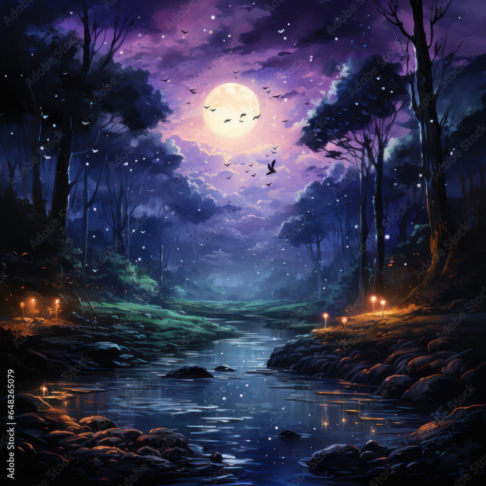 An acrylic painting of a forest night sky in a forest