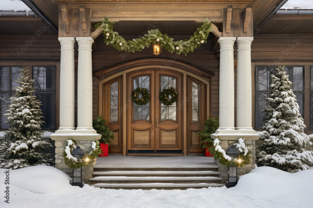Obraz premium Entrance to a house decorated for Christmas. Beautiful front door to a house with Christmas wreaths, fir trees and garlands.