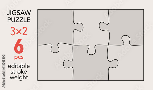 Empty jigsaw puzzle grid template, 3x2 shapes, 6 pieces. Separate matching irregularly elements. Flat vector illustration layout, every piece is a single shape. photo