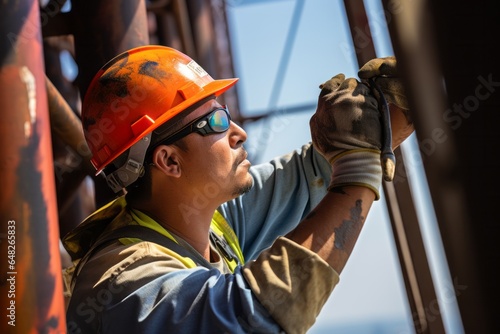 Man in a safety helmet performing repair work on an oil rig