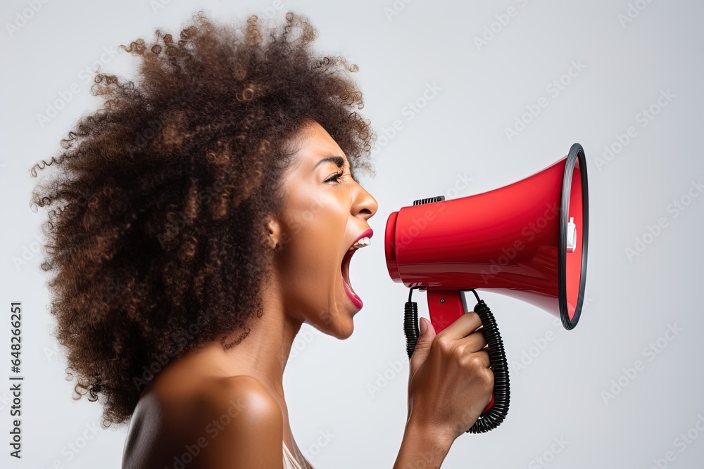 Young curly African woman shouting into a red megaphone on a white background. - obrazy, fototapety, plakaty 