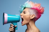 Young woman with a short haircut of rainbow color shouts into a blue pink megaphone on a white background