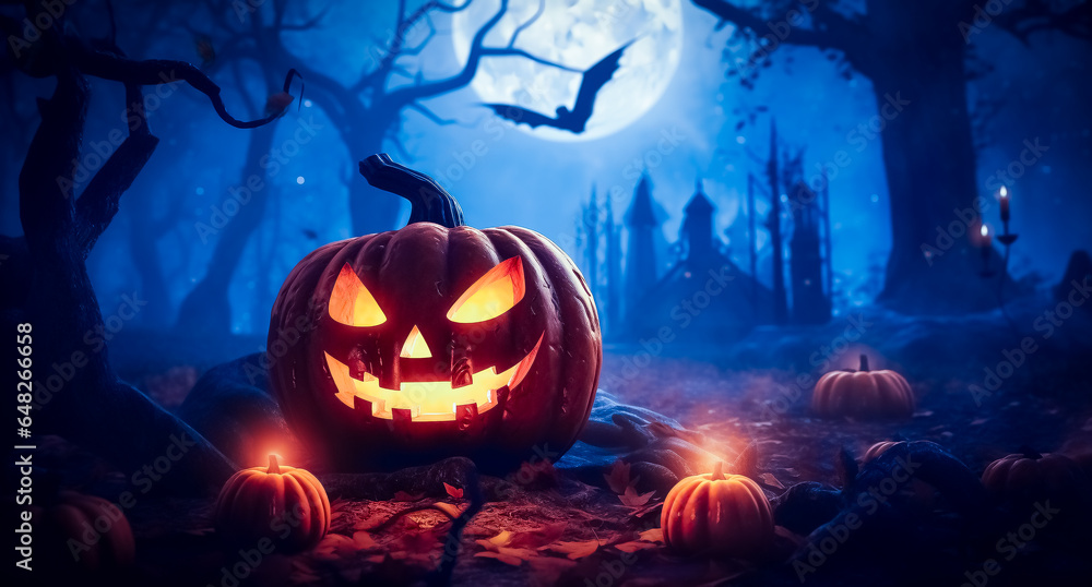 Fototapeta premium halloween, spooky scene with a pumpkin in a magical glow, in a night forbidden forest with a full moon,generative AI.