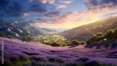 a captivating image of a valley with a field of lavender stretching into the distance © Wajid