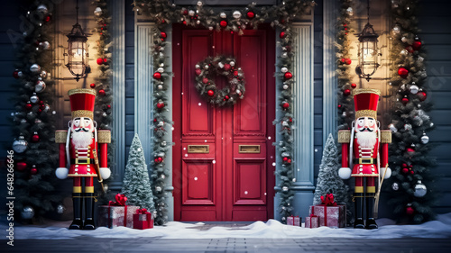 Red door with christmas garland around the door with royal nutcrackers on either side of the door, generative ai.